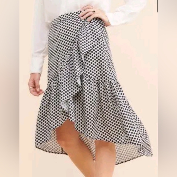 Black + White Dots Midi Skirt dRA. High-low hem Cascading ruffles Banded waist - Picture 4 of 7